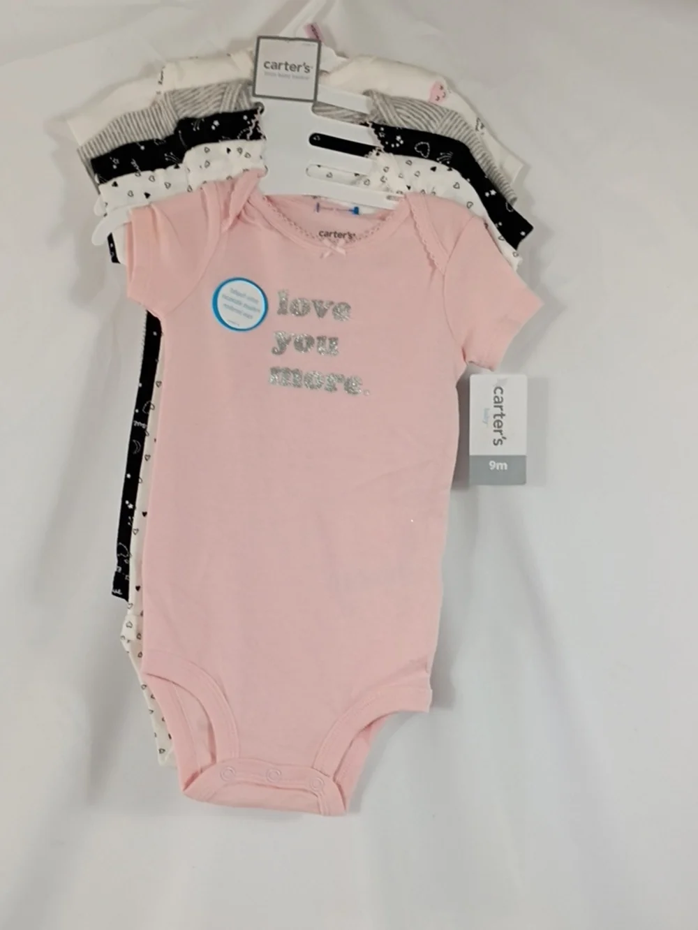 NWT Carter's 5 Piece Short Sleeve Cotton Bodysuits Pink Black Hearts Sz 9 Month